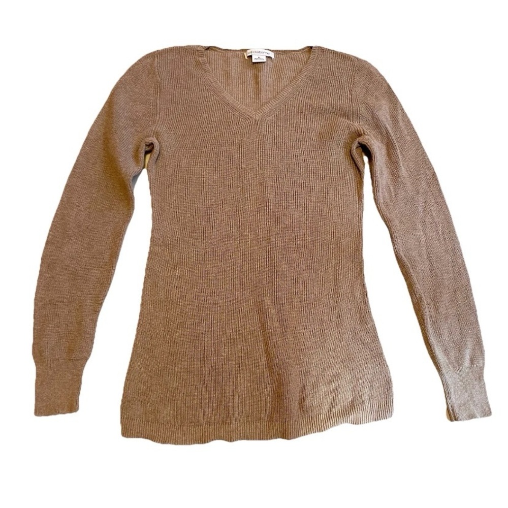 Liz Claiborne Fitted Sweater Womens Medium Cotton Beige Elbow Patches V-Neck